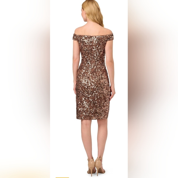 NWT Adrianna Papell Off-The-Shoulder Gold Sequin Cocktail Party Dress, Size 6 - Picture 2 of 6